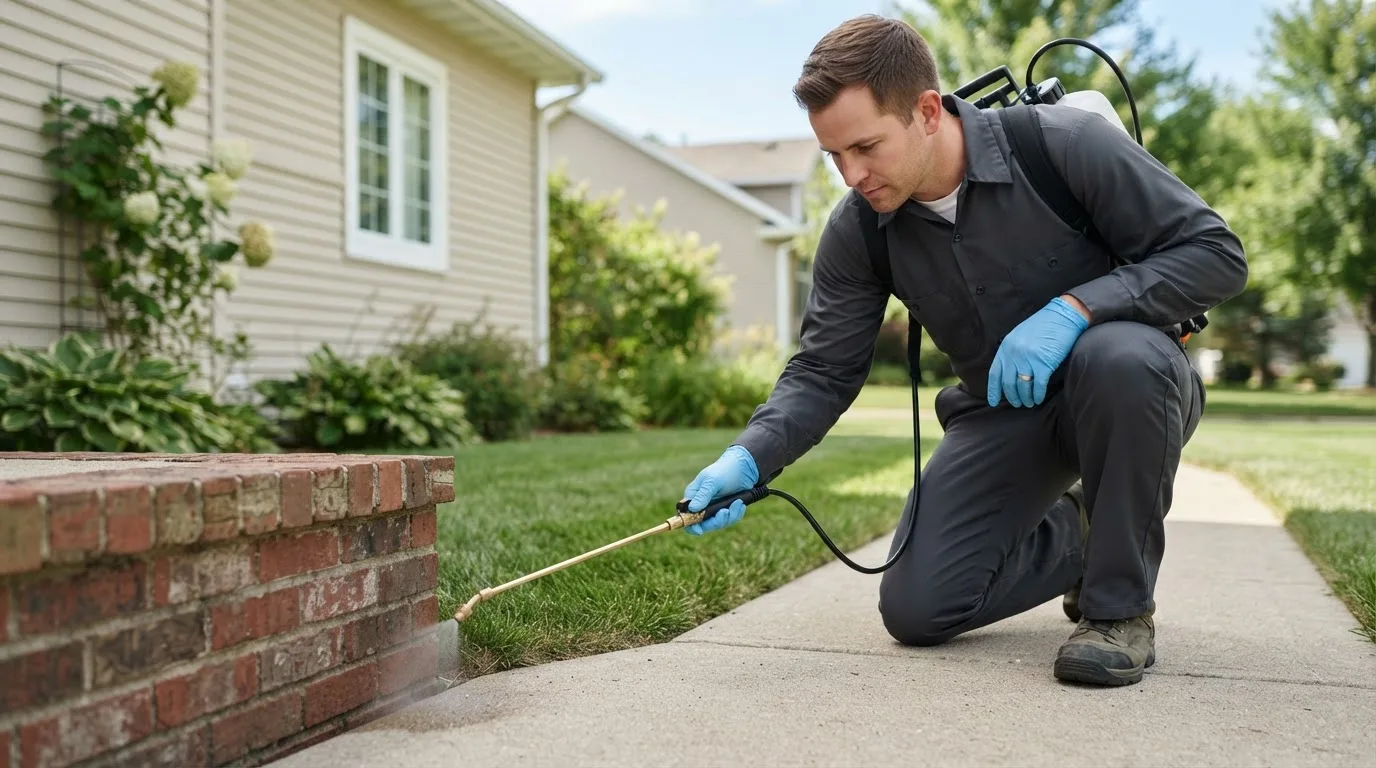 Pest control technician treating a home near Leisenring, PA